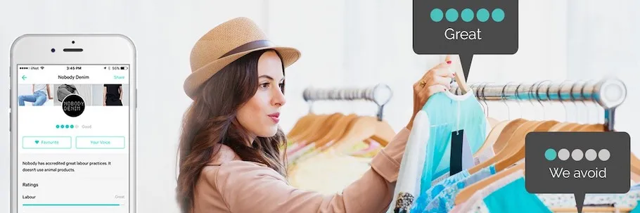 Woman is informed of the rating of different clothing items while shopping