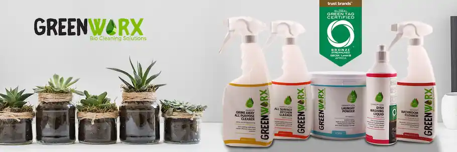 Green Worx logo, cleaning product and potted plants