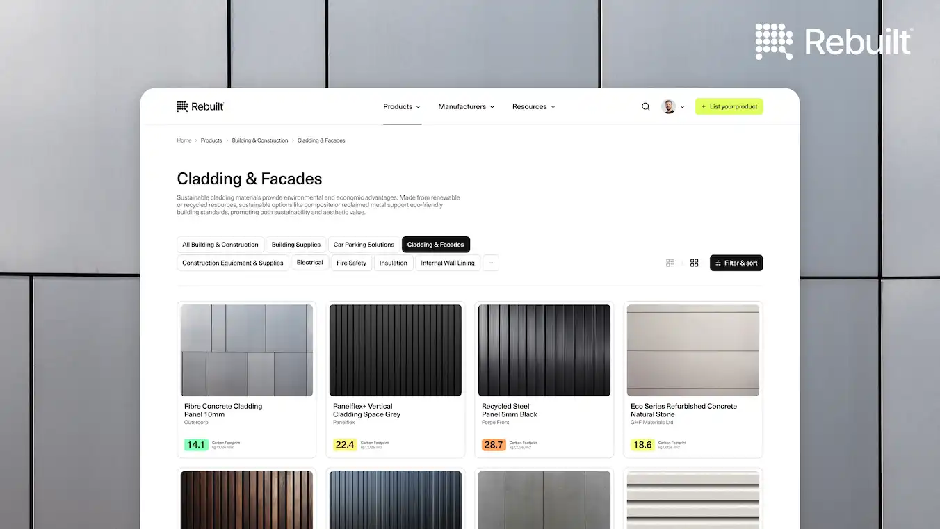 Screenshot of the product carbon footprint of building materials listed in the Rebuilt marketplace