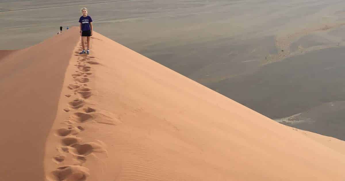 Footprints in sand dune in Namibia