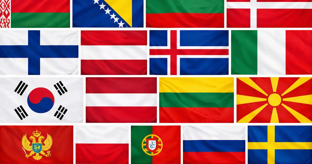 Collage of flags from Belarus, Bosnia, Bulgaria, Denmark, Finland, Hungary, Iceland, Italy, South Korea, Latvia, Lithuania, Macedonia, Montenegro, Poland, Portugal, Russia, Serbia, Sweden, Ukraine